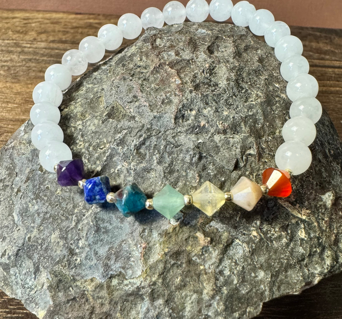 7 Chakras with White Moonstone Stretchy Bracelet
