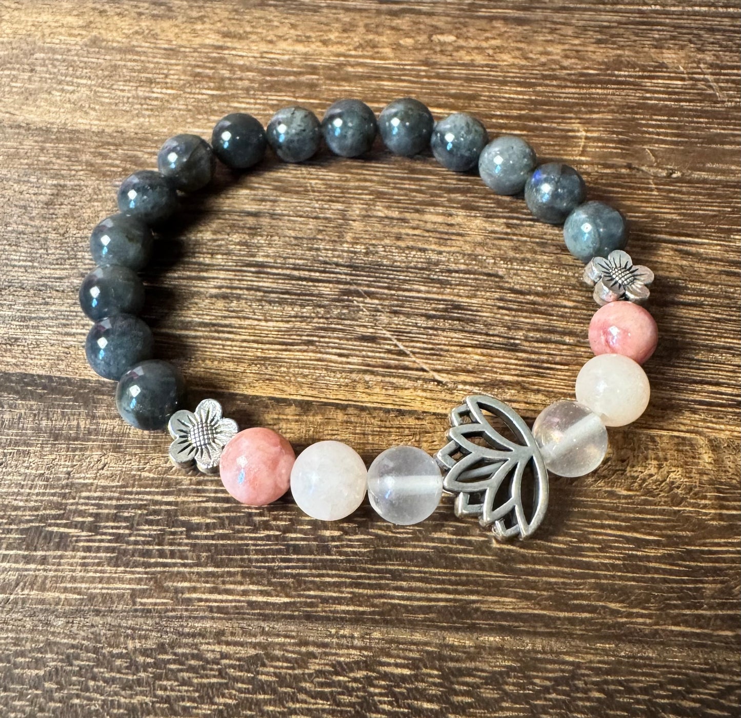 Lotus Flower Stretchy Bracelet with Labradorite, Morganite, & Rose Quartz