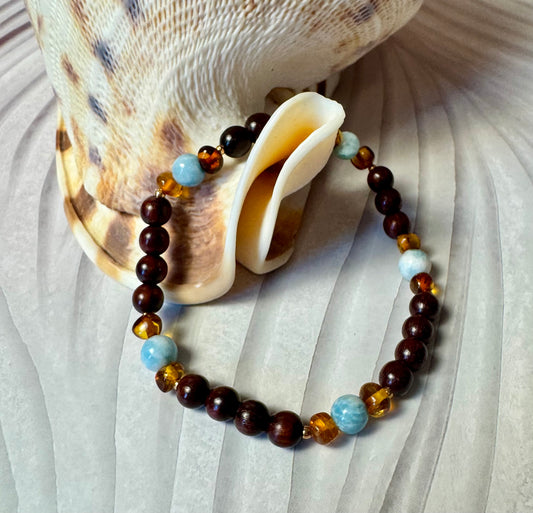 Larimar, Rosewood & Amber Stretchy Bracelet