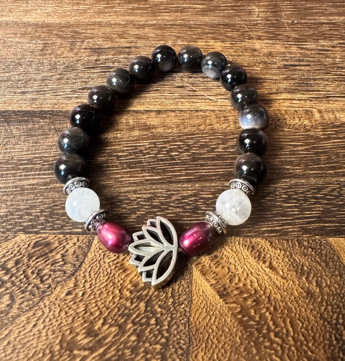 Lotus Flower Stretchy Bracelet with Obsidian, Moonstone and Pearl