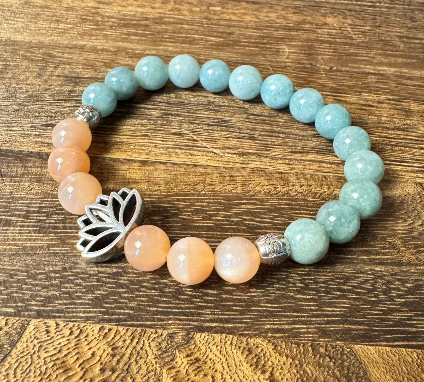 Lotus Flower Stretchy Bracelet with Burmese Jade and Sunstone