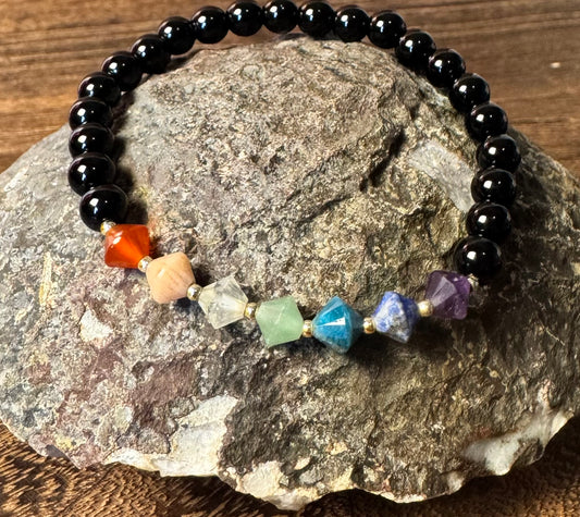7 Chakras with Black Tourmaline Stretchy Bracelet