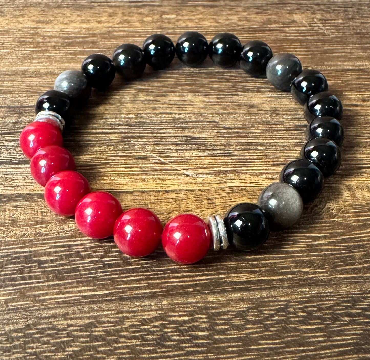 Variegated Obsidian & Red Jade Stretchy Bracelet