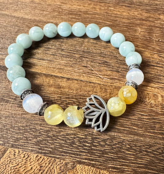 Lotus Flower Stretchy Bracelet with Angelite, Gold Muscovite & Selenite