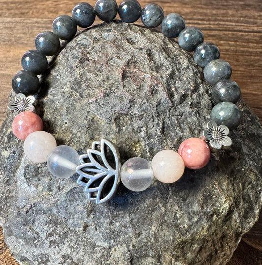Lotus Flower Stretchy Bracelet with Labradorite, Morganite, & Rose Quartz