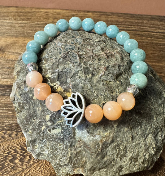 Lotus Flower Stretchy Bracelet with Burmese Jade and Sunstone