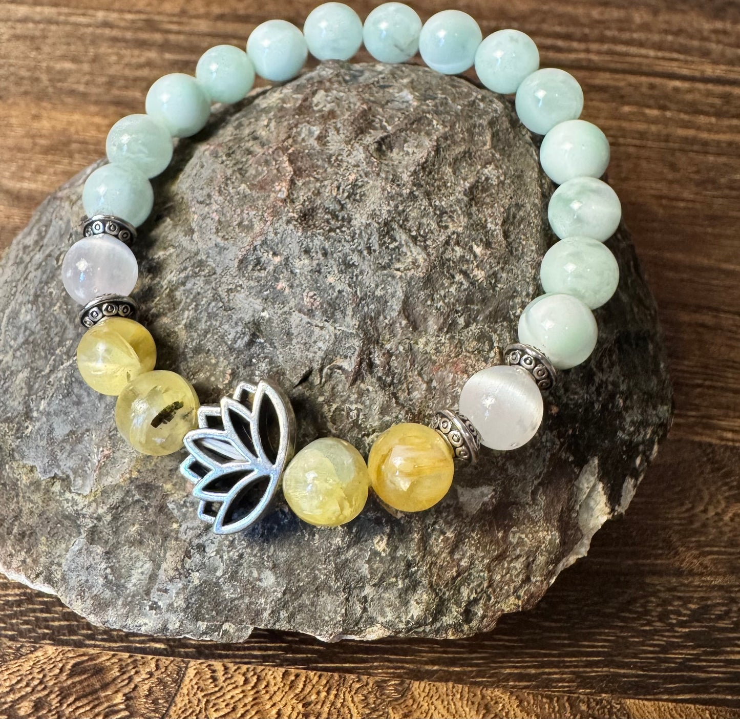 Lotus Flower Stretchy Bracelet with Angelite, Gold Muscovite & Selenite